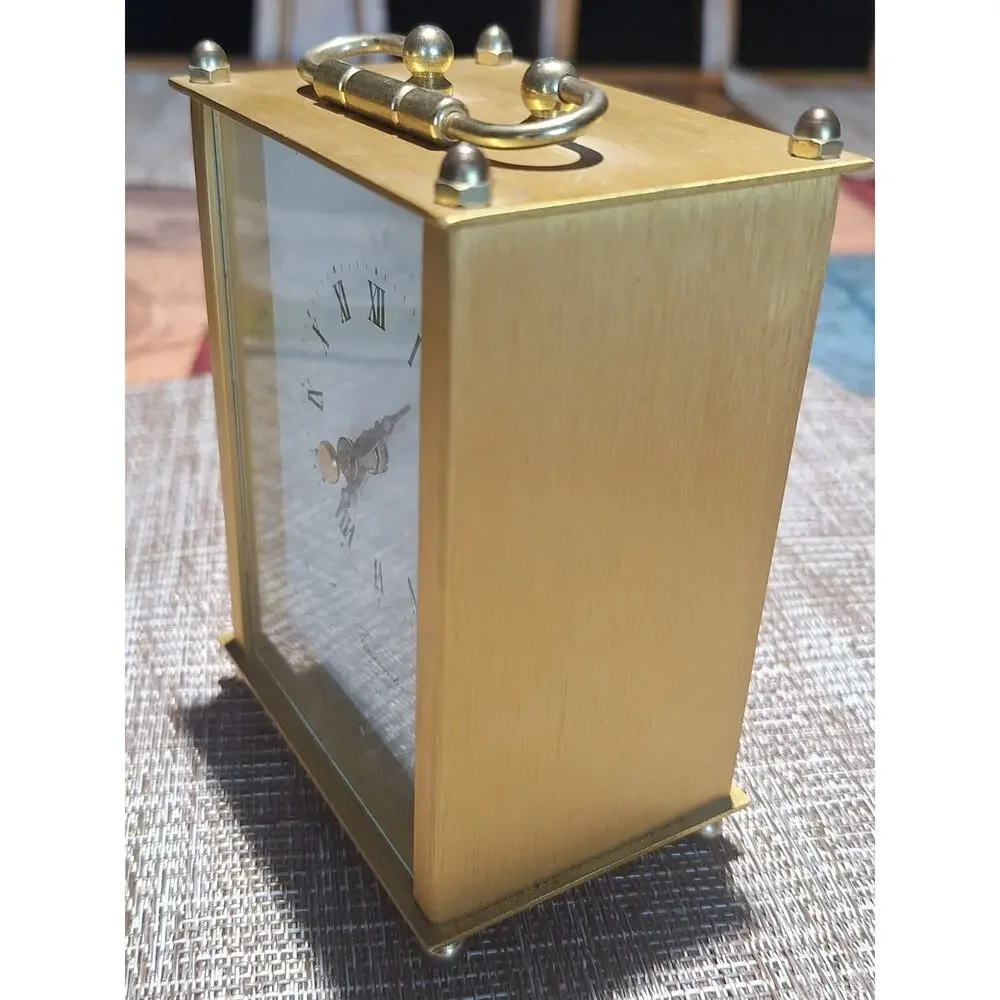 Timemaster Quartz Brass Tone Carriage Mantel Desk Shelf Clock Roman Numeral